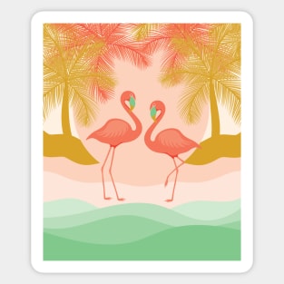 Boho illustration with Flamingos chilling out on the beach surrounded by palm trees. Sticker